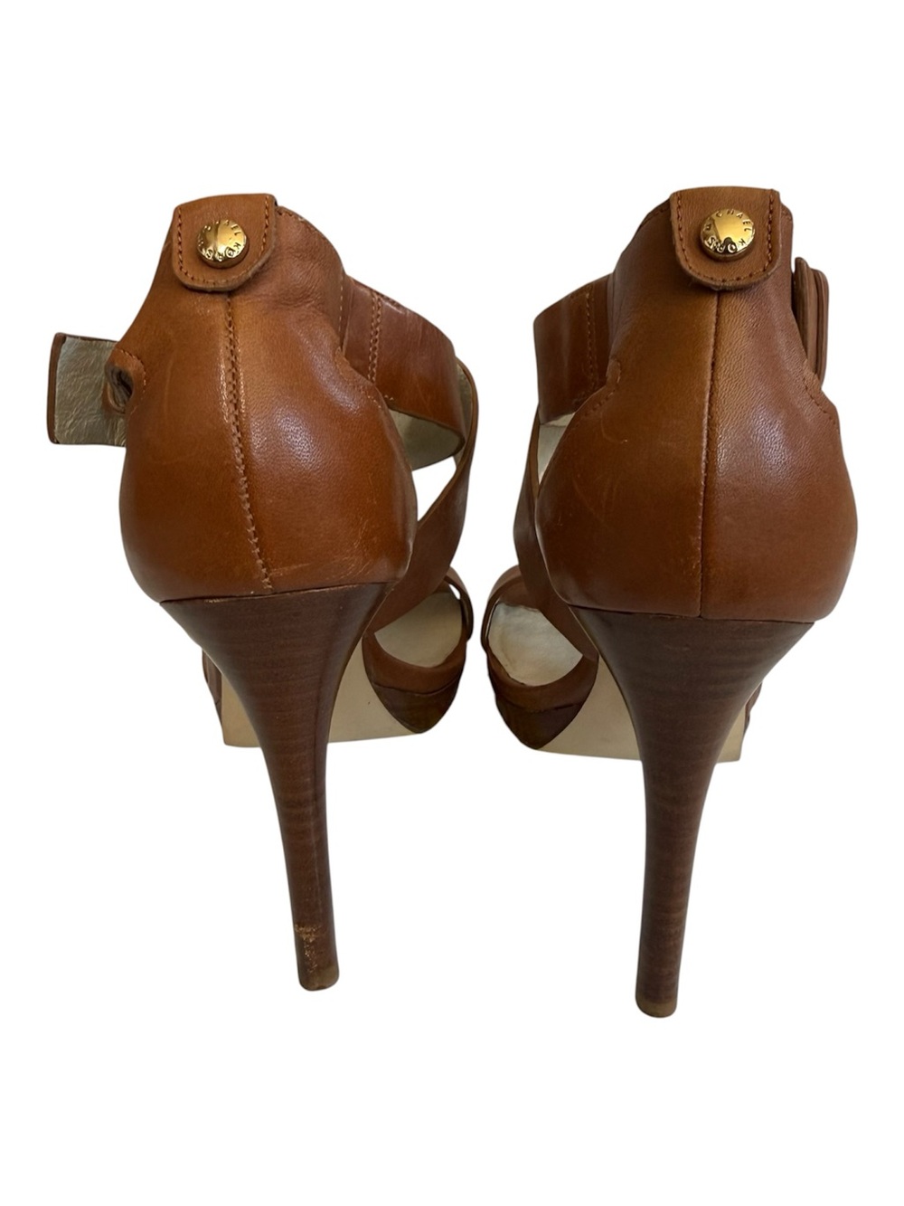 MICHAEL KORS Brown Leather Strappy Platform Heels Size 7M Gold Buckle - Picture 4 of 8